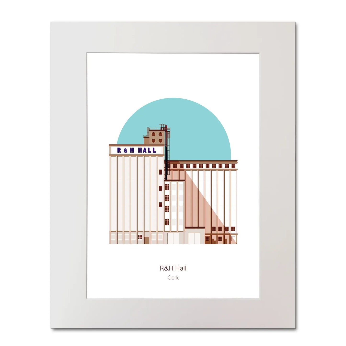 Mounted contemporary art print of R&H Hall in Port of Cork, with blue background.