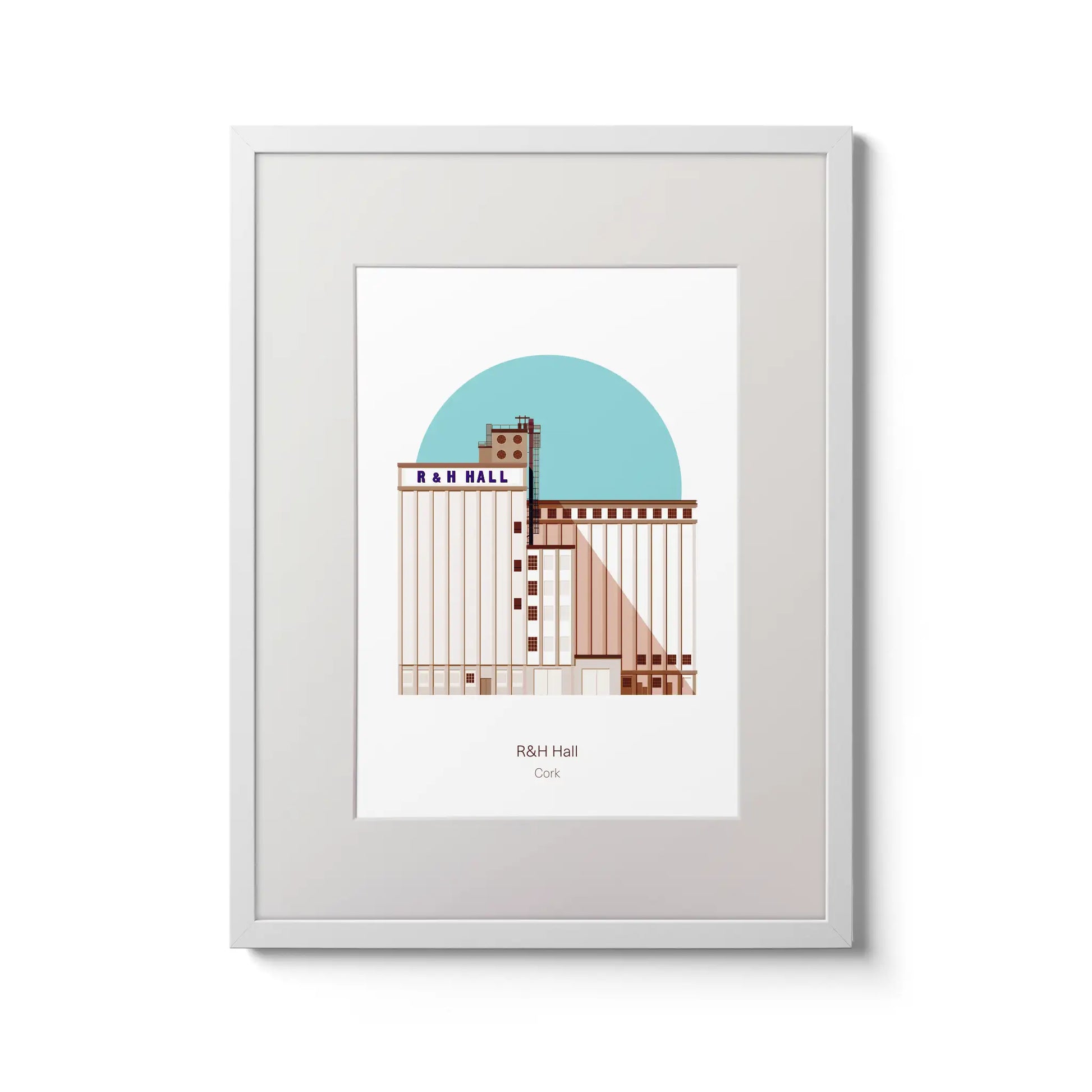 Framed contemporary art print of R&H Hall in Port of Cork, with blue background.