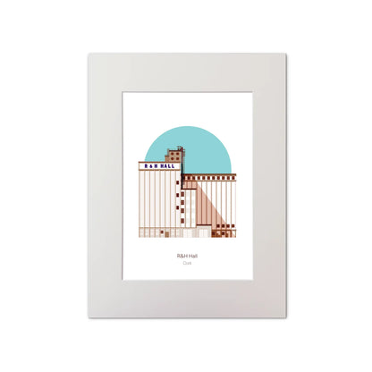 Mounted modren stylised art print of R&H Hall in Port of Cork, with blue background.