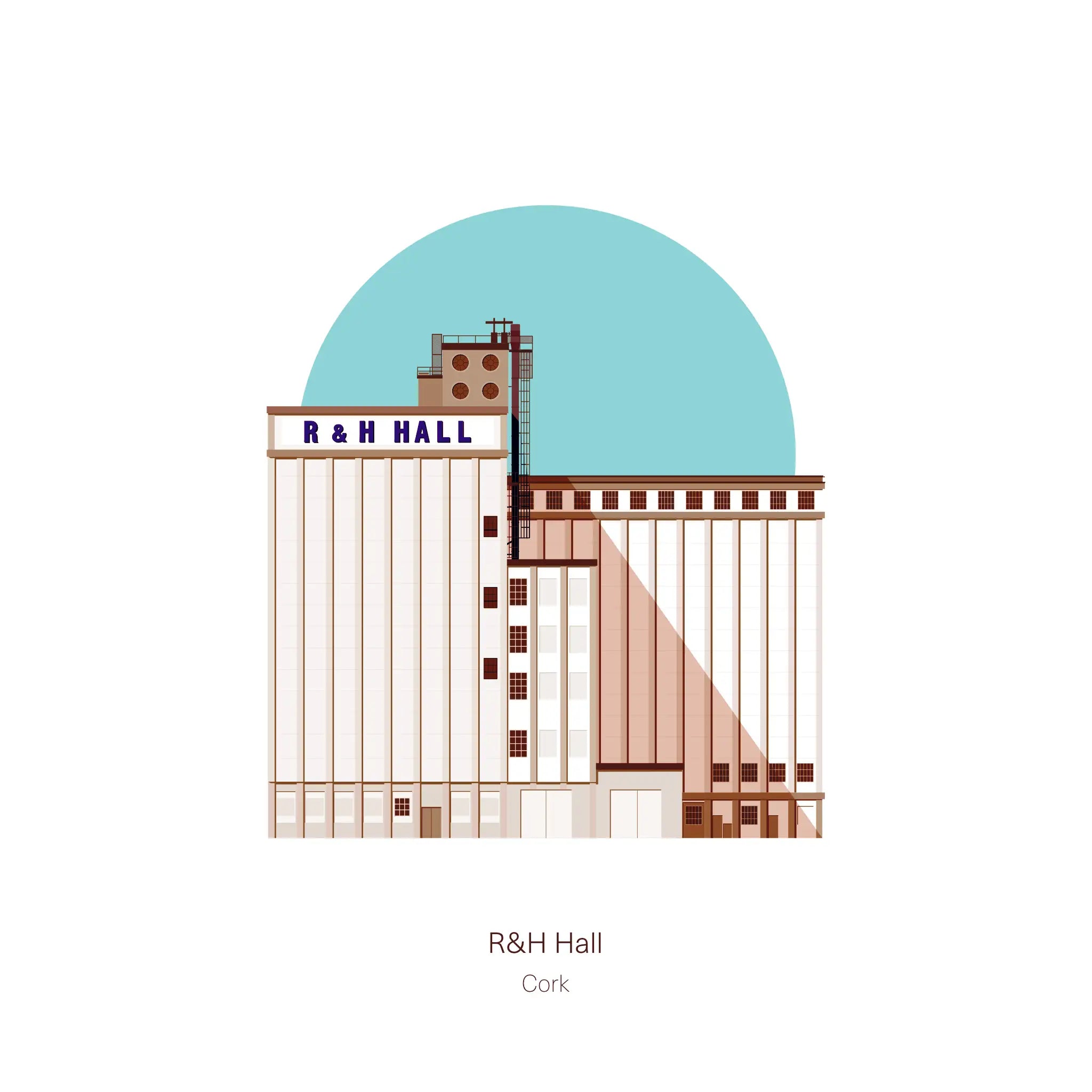 Illustrated detail ofClose up of the R&H building in Cork, Ireland with a blue circular background.