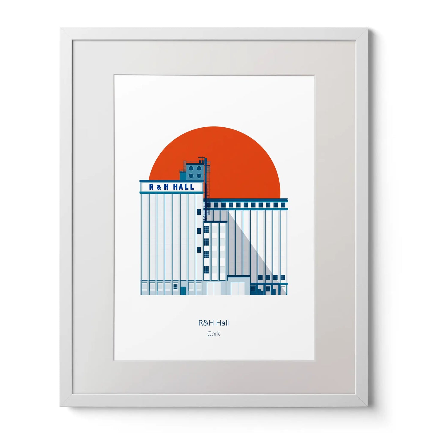 Framed illustrated art print of R&H Hall in Port of Cork, with red background.