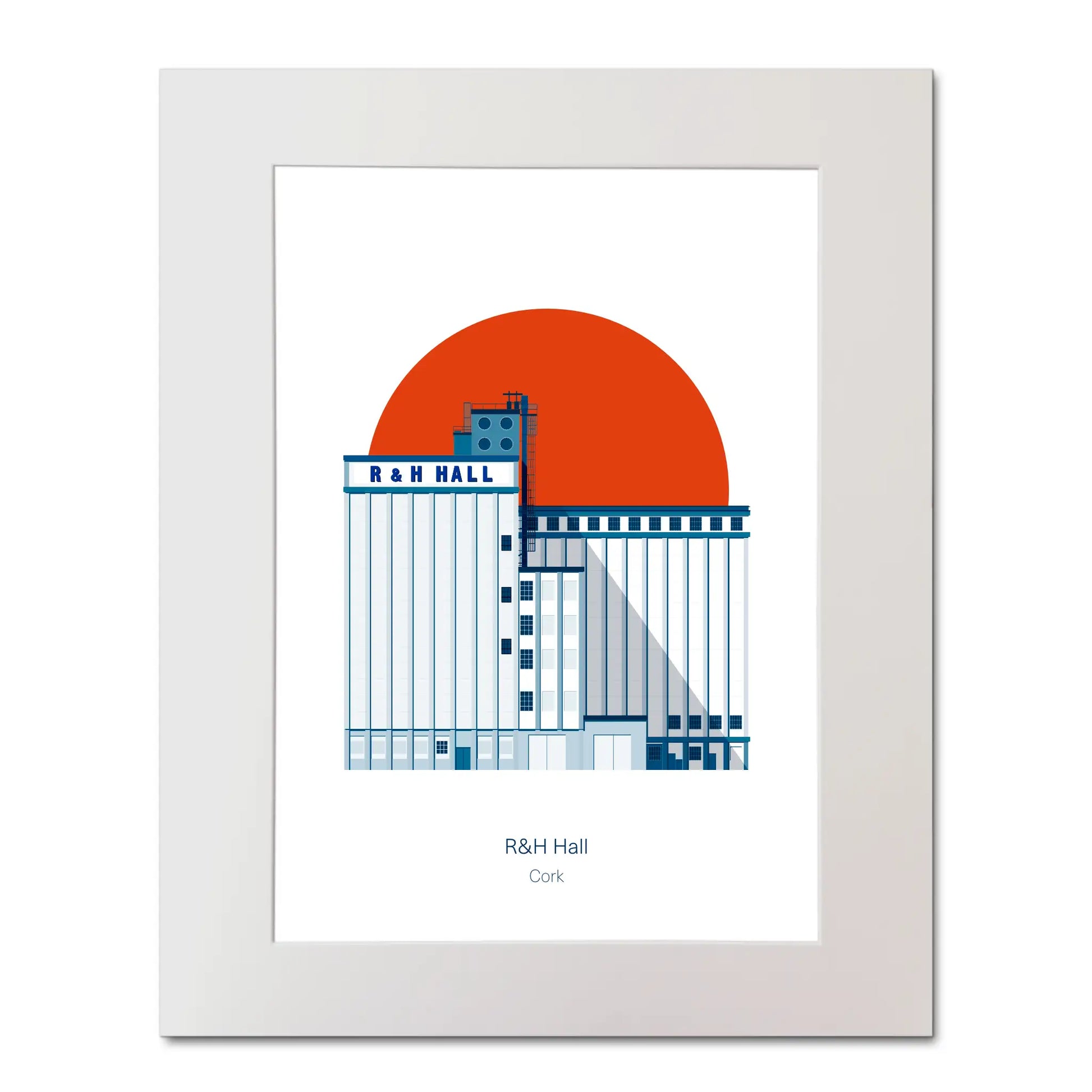 Mounted contemporary art print of R&H Hall in Port of Cork, with red background.