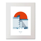 Mounted contemporary art print of R&H Hall in Port of Cork, with red background.