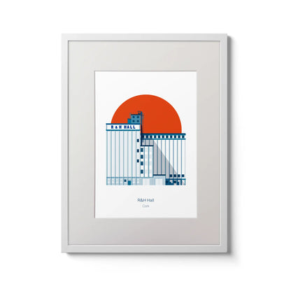 Framed contemporary art print of R&H Hall in Port of Cork, with red background.