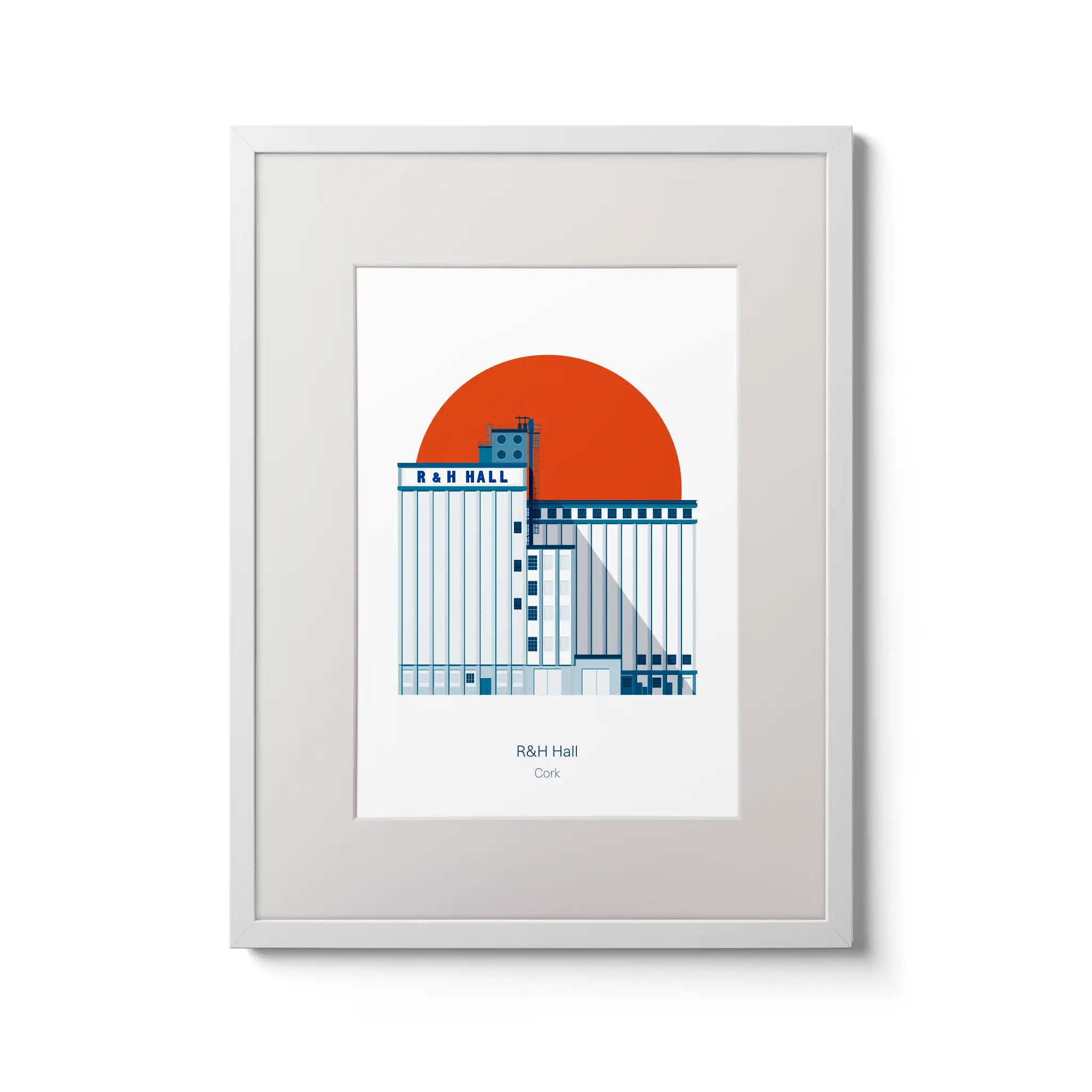 Framed contemporary art print of R&H Hall in Port of Cork, with red background.