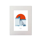 Mounted contemporary art print of R&H Hall in Port of Cork, with red background.