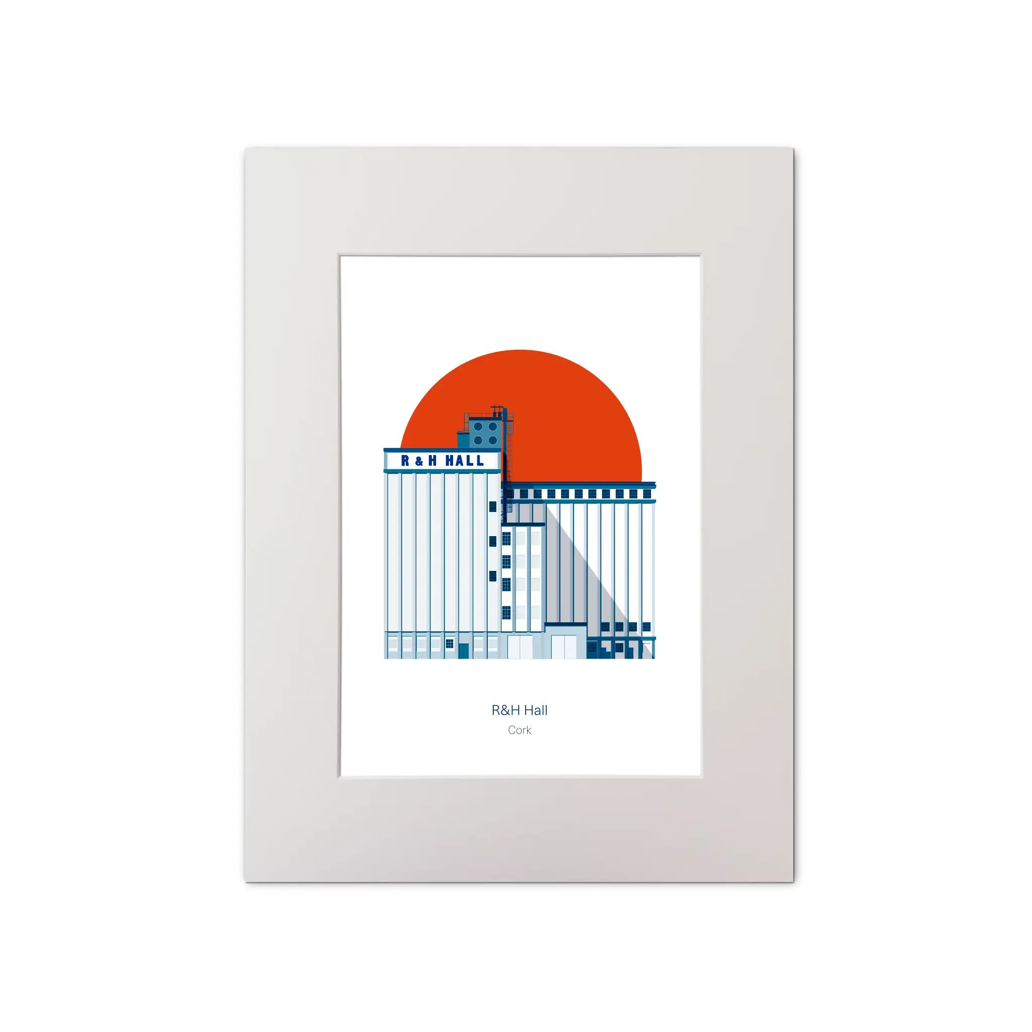 Mounted contemporary art print of R&H Hall in Port of Cork, with red background.