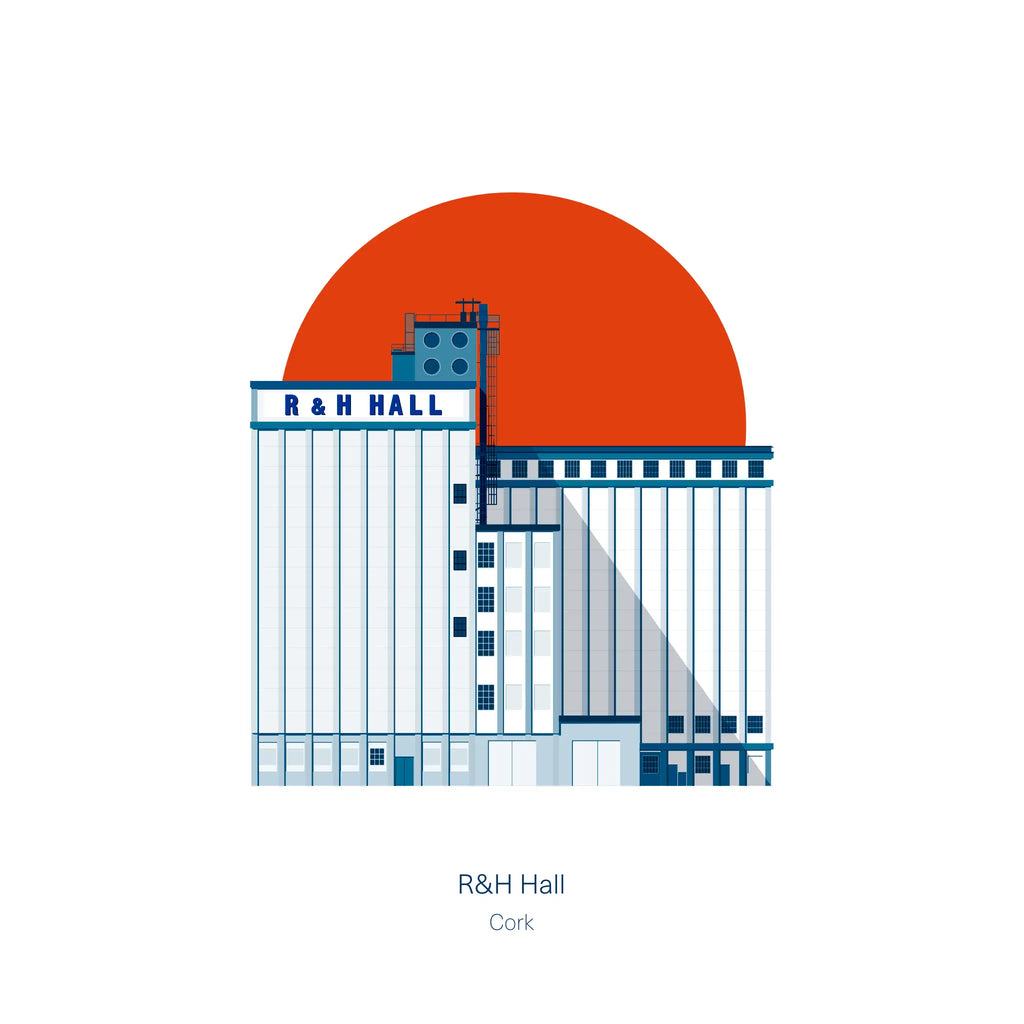 Illustrated detail ofClose up of the R&H building in Cork, Ireland with a red background.
