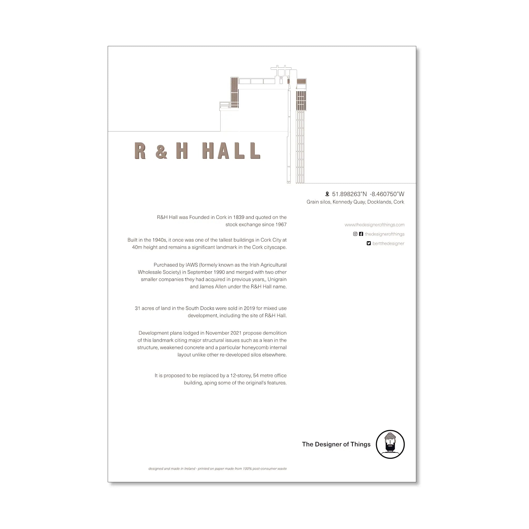 Illustrated wall art of R&H Hall in Port of Cork, info insert.