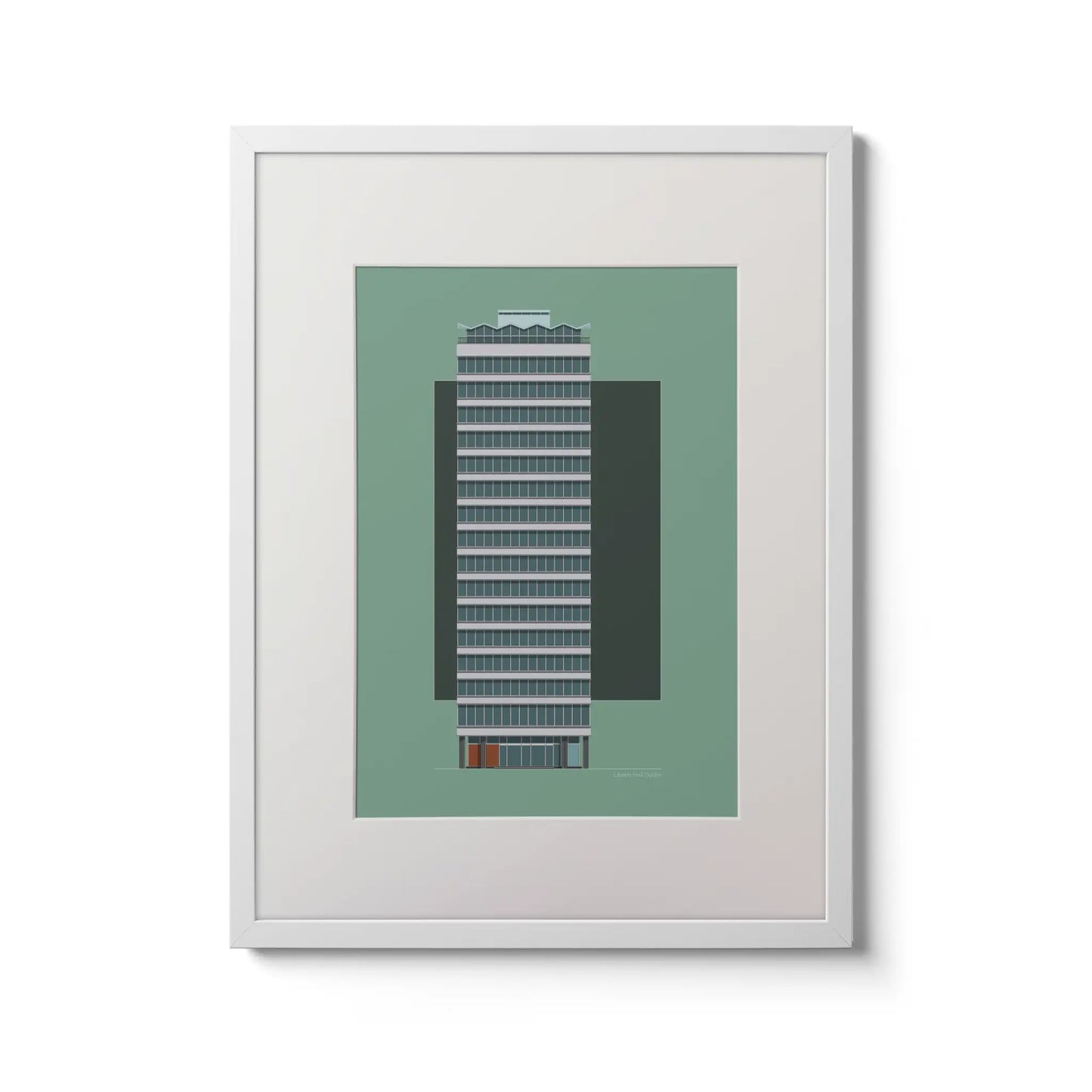 Framed piece of wall art illustrating Liberty Hall in Dublin in a contemporary style.