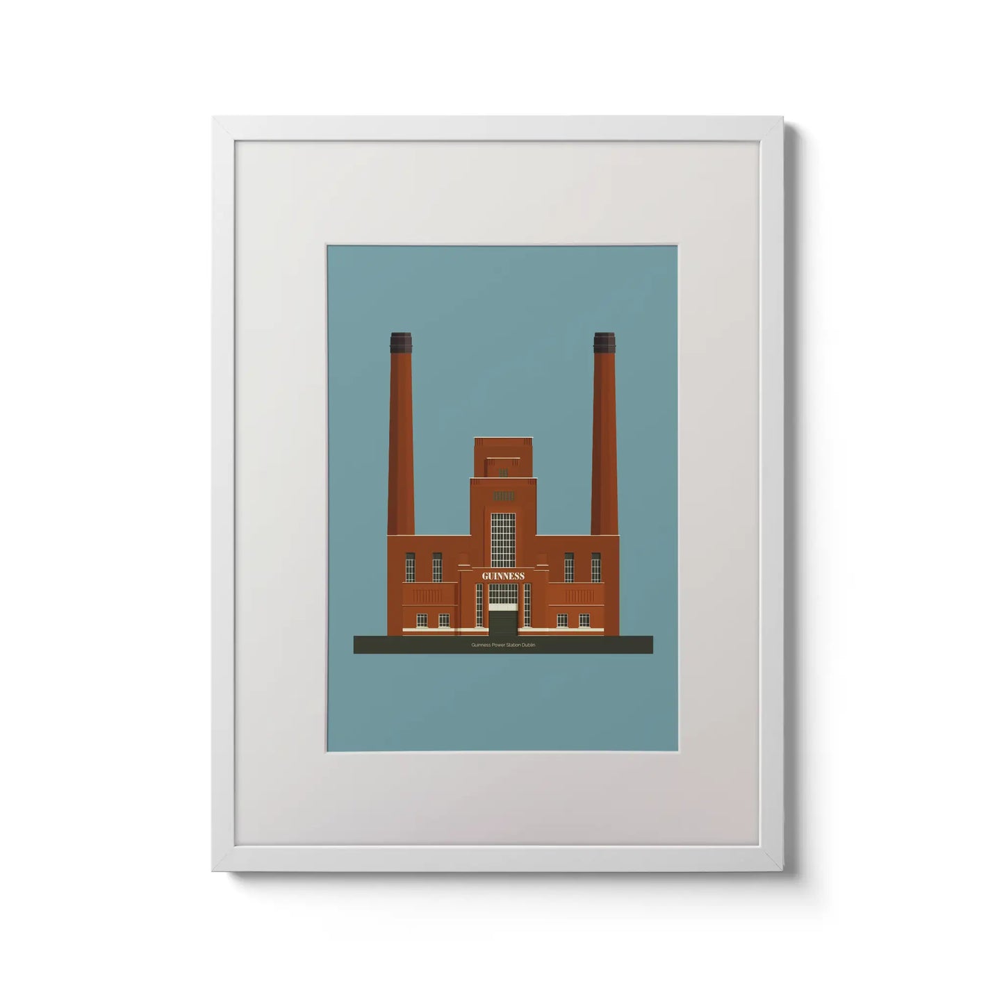 Framed  piece of wall art displaying the old Guinness brewery power plant in Dublin.