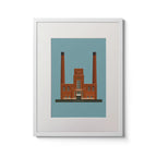Framed  piece of wall art displaying the old Guinness brewery power plant in Dublin.