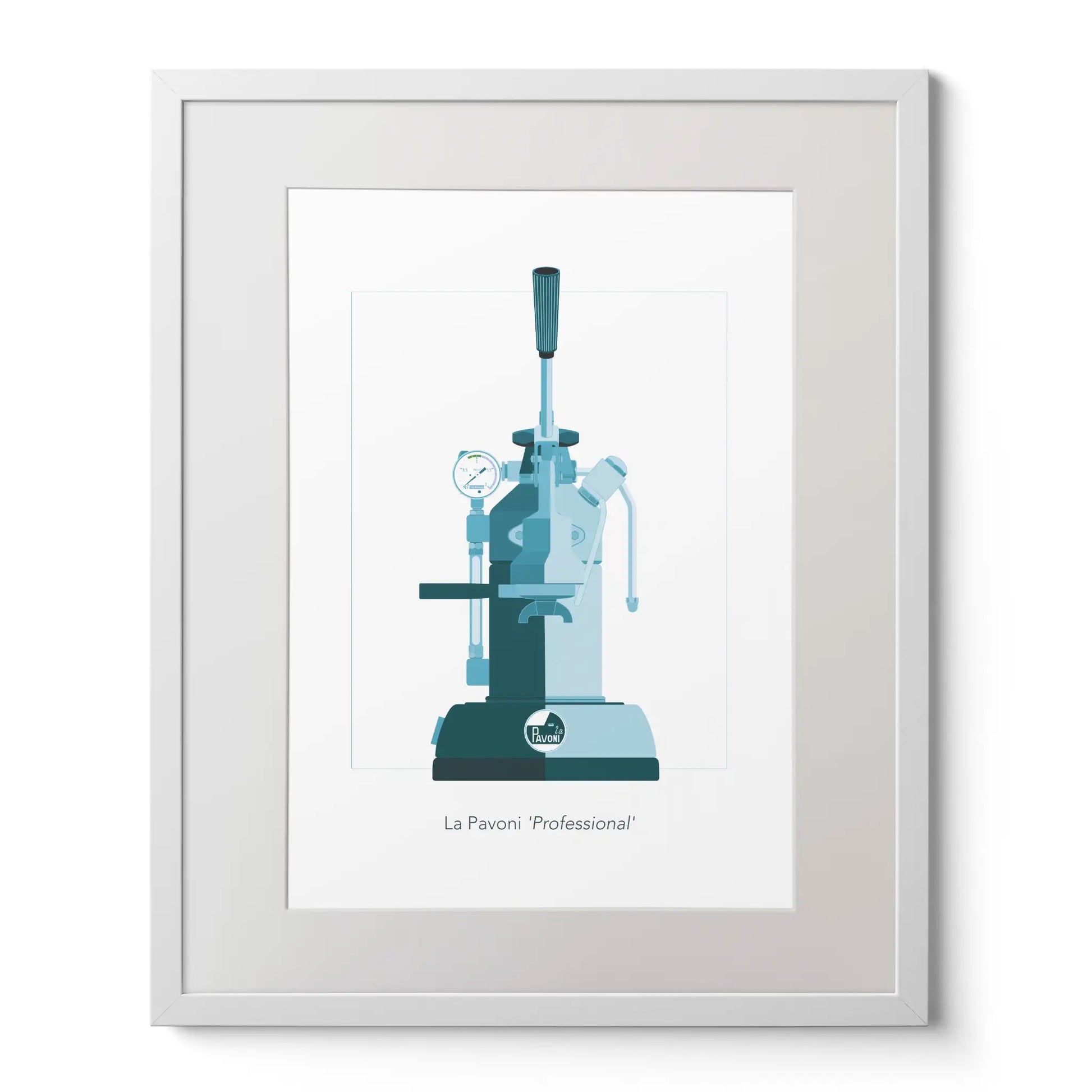 Illustration of a La Pavoni lever coffee machine, front view in aqua blue, framed.
