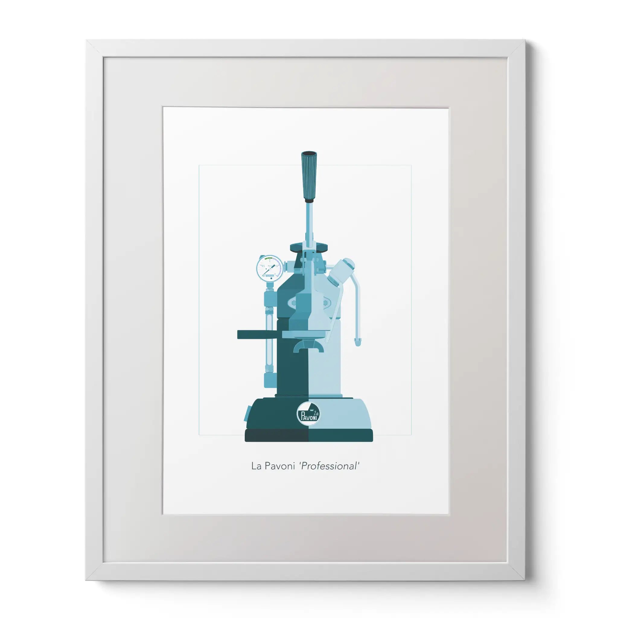 Illustration of a La Pavoni lever coffee machine, front view in aqua blue, framed.