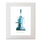 Illustration of a La Pavoni lever coffee machine, front view in aqua blue, mounted