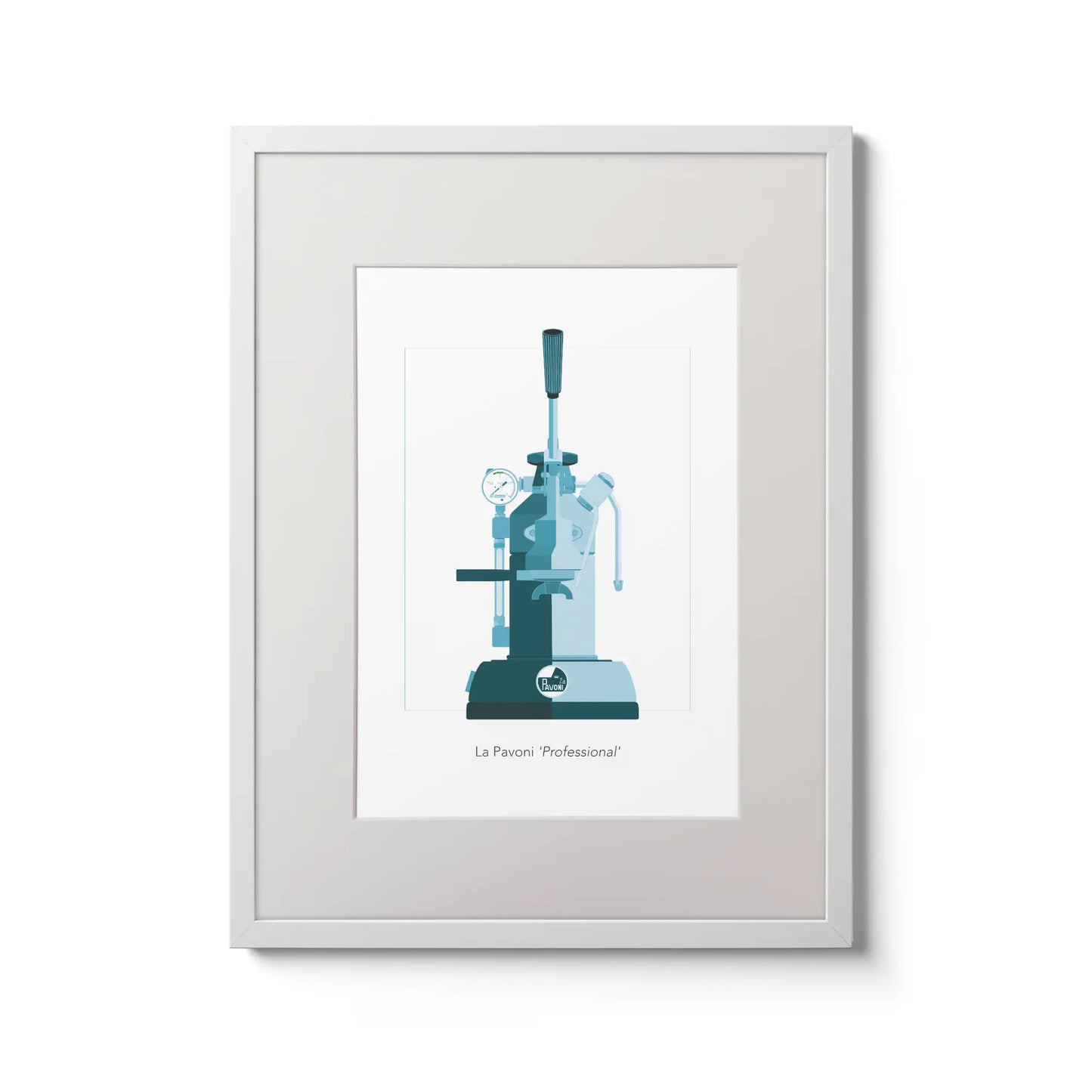Illustration of a La Pavoni lever coffee machine, front view in aqua blue,  framed.