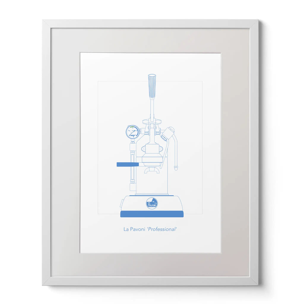 Illustration of a La Pavoni lever coffee machine, front view, line drawing in aqua blue, in a white solid wood frame.