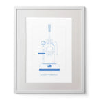Illustration of a La Pavoni lever coffee machine, front view, line drawing in aqua blue, in a white solid wood frame.
