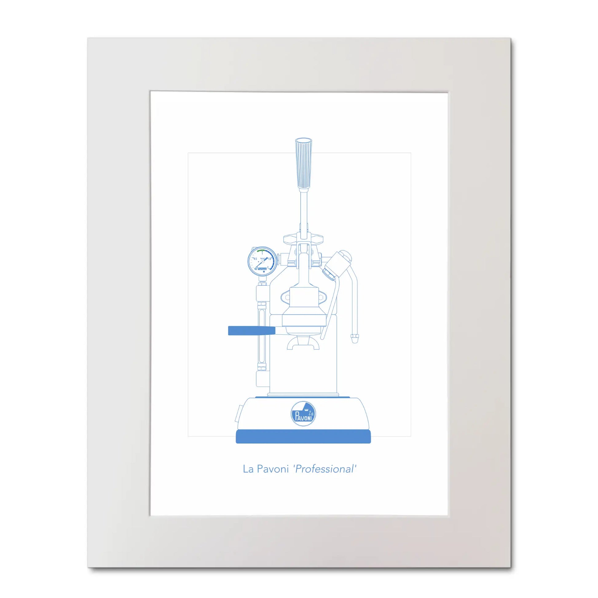 Mounted illustration of a La Pavoni lever coffee machine, front view, line drawing in aqua blue.