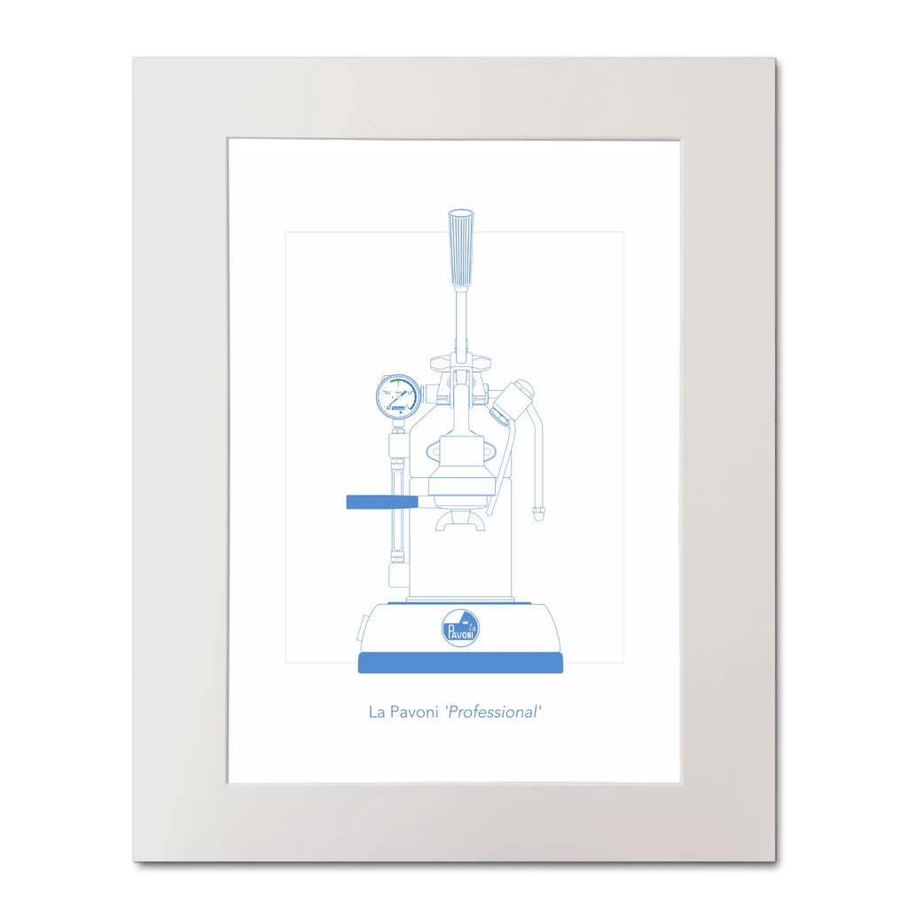 Mounted illustration of a La Pavoni lever coffee machine, front view, line drawing in aqua blue.