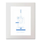 Mounted illustration of a La Pavoni lever coffee machine, front view, line drawing in aqua blue.