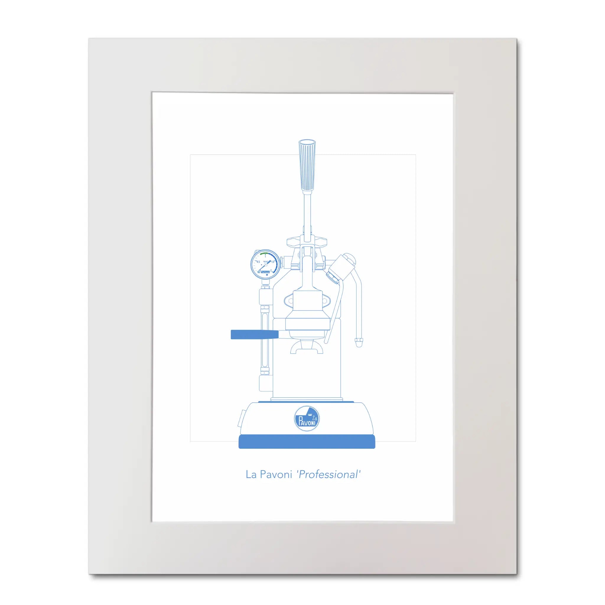 Mounted illustration of a La Pavoni lever coffee machine, front view, line drawing in aqua blue.