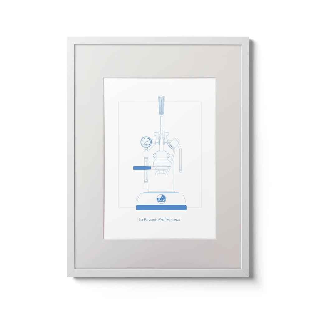 Illustration of a La Pavoni lever coffee machine, front view, line drawing in aqua blue.