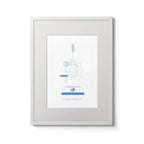 Illustration of a La Pavoni lever coffee machine, front view, line drawing in aqua blue.