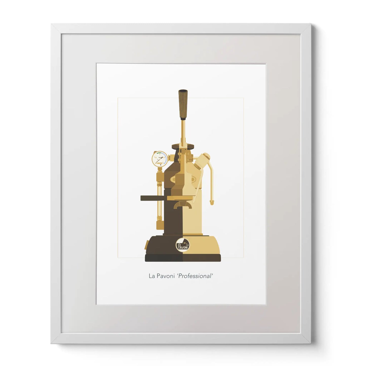 Framed illustration of a La Pavoni lever espresso coffee machine, front view in mocha brown.