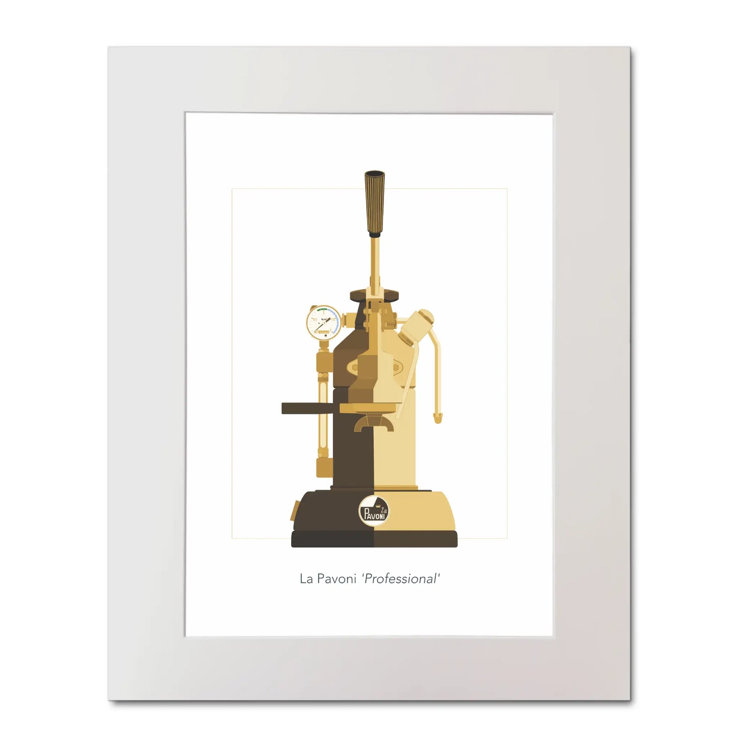 Mounted illustrated wall art of a La Pavoni lever coffee machine, front view in mocha brown.