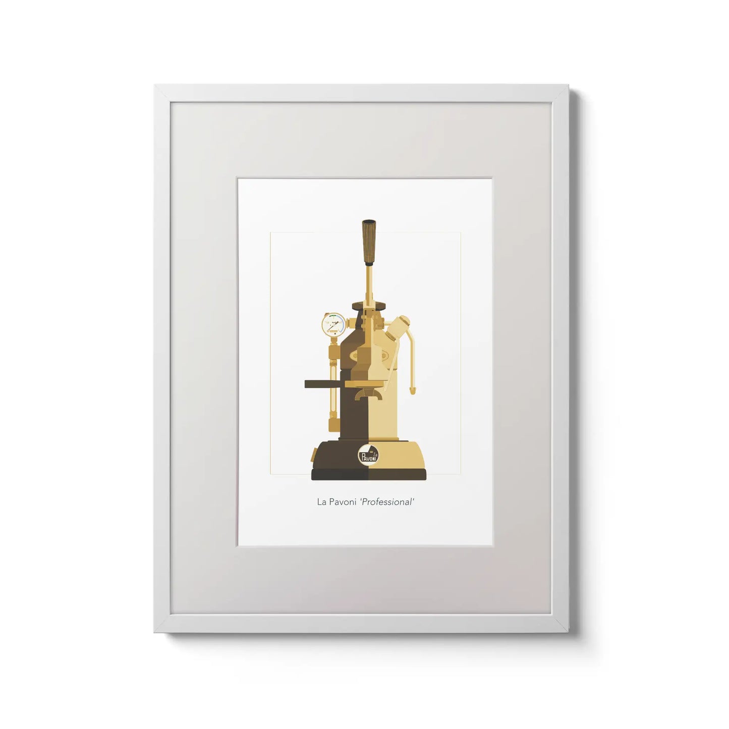 Framed illustrated wall art of a La Pavoni lever coffee machine, front view in mocha brown.