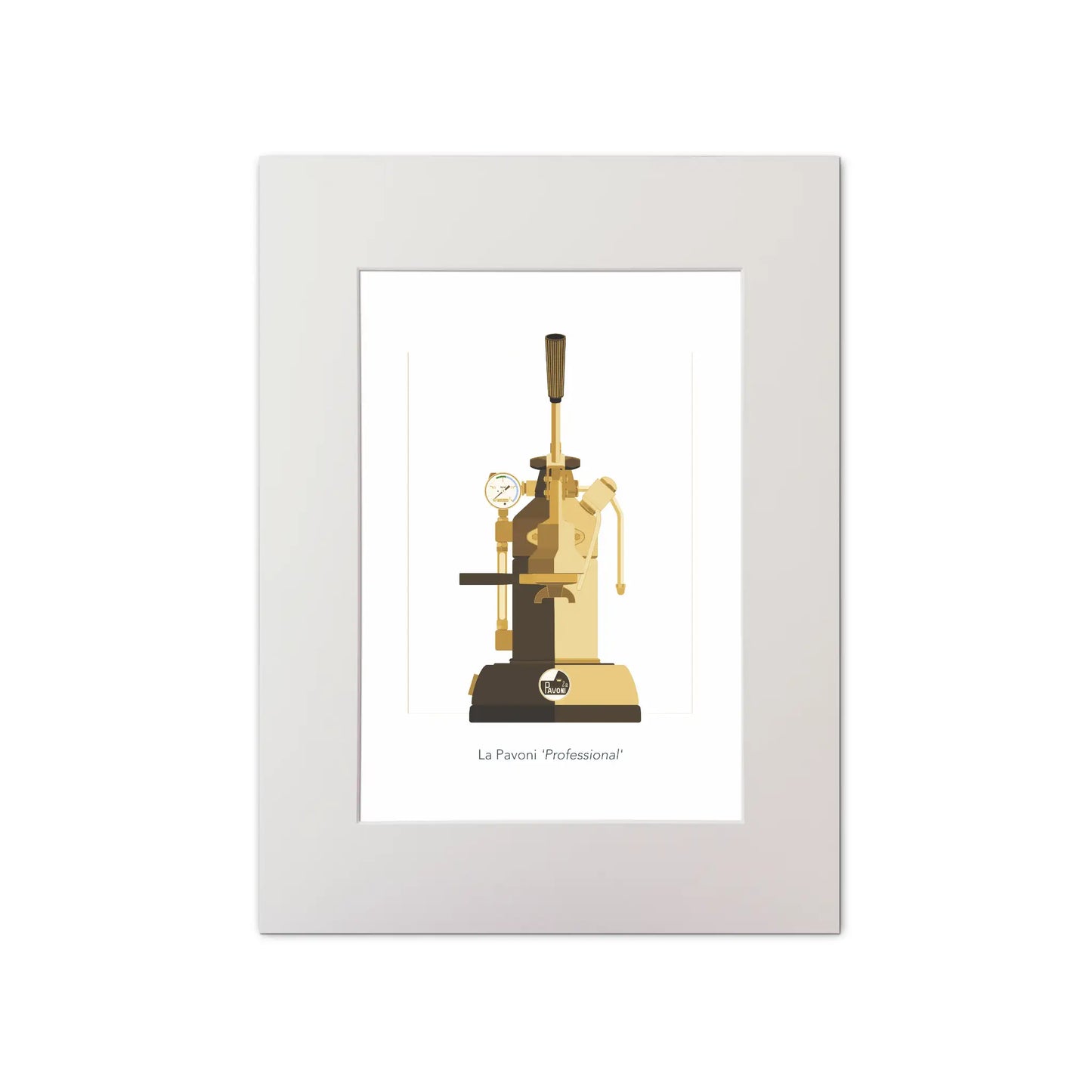 Mounted illustrated wall art of a La Pavoni lever coffee machine, front view in mocha brown.
