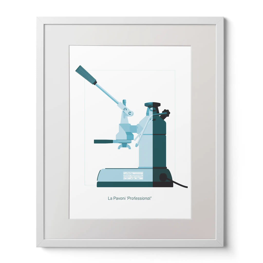 Framed wall art of a La Pavoni lever espresso coffee machine, side view in aqua blue