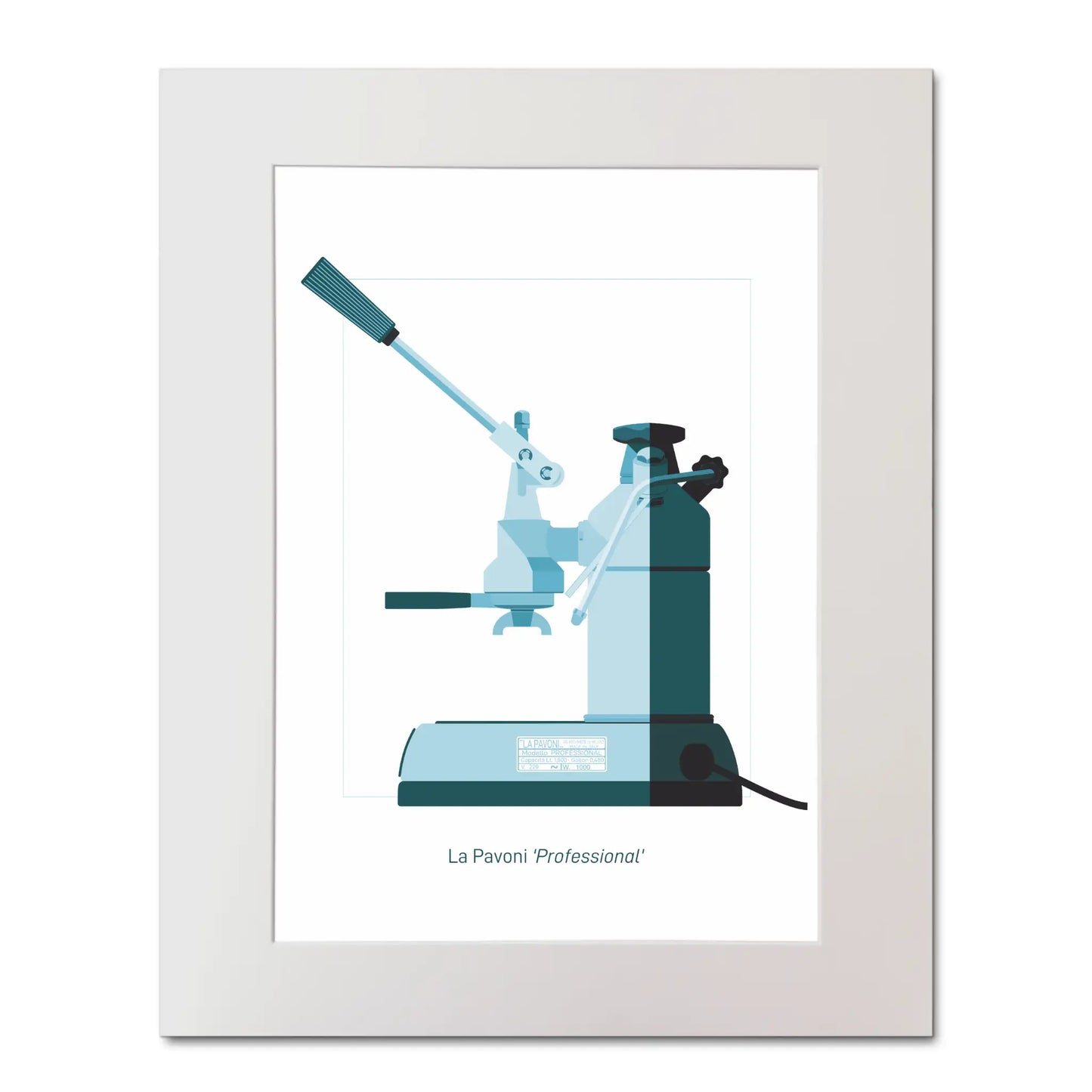 Framed art print of a La Pavoni lever espresso coffee machine, side view in aqua blue