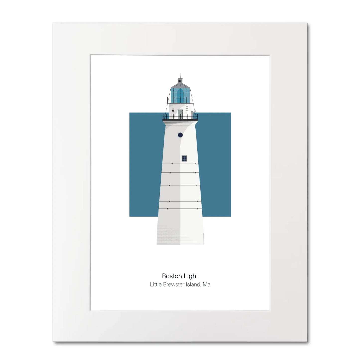 Illustration of the Boston Light, Massachusetts, USA. On a white background with aqua blue square as a backdrop, mounted and measuring 16"x 20" (40x50cm).