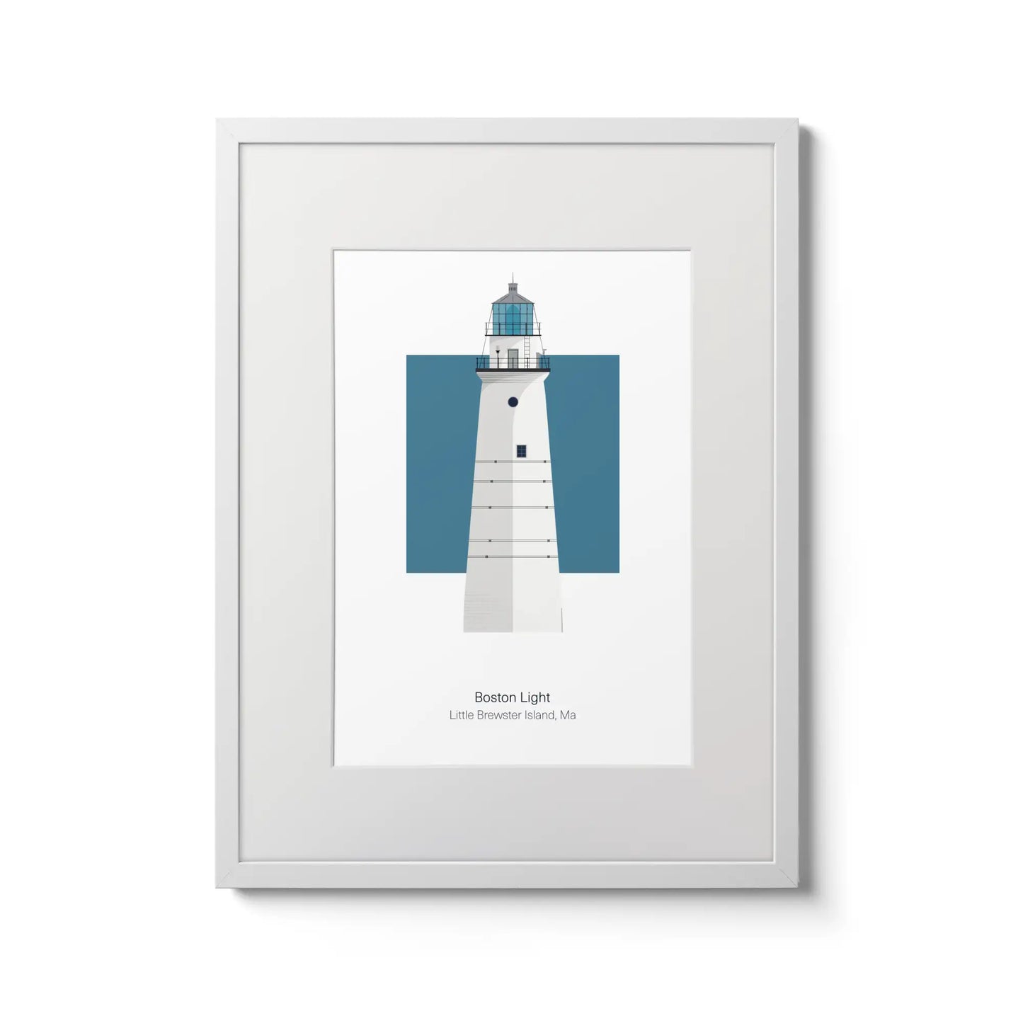 Illustration of the Boston Light, Massachusetts, USA. On a white background with aqua blue square as a backdrop., in a white frame and measuring 12"x16" (30x40cm).