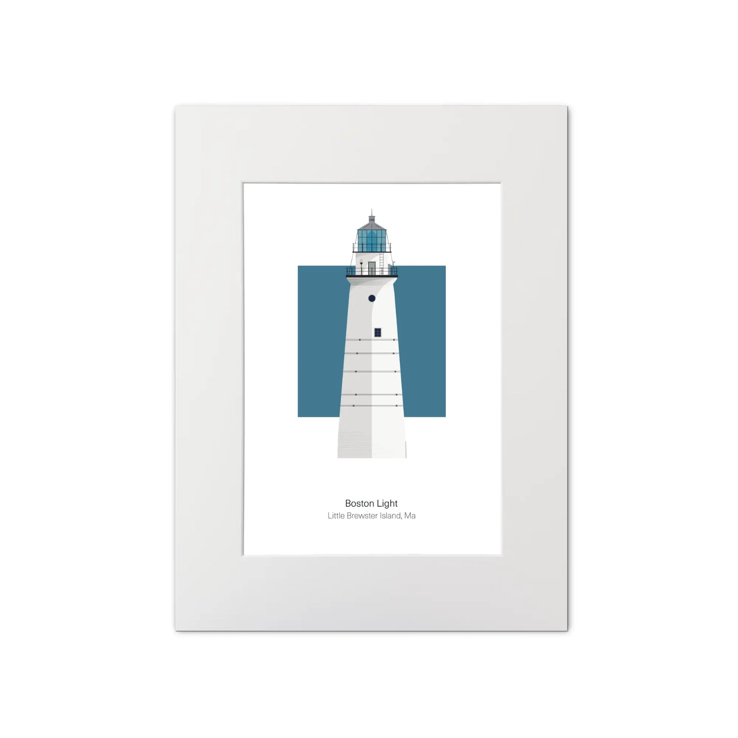 Illustration of the Boston Light, Massachusetts, USA. On a white background with aqua blue square as a backdrop, mounted and measuring 12"x16" (30x40cm).