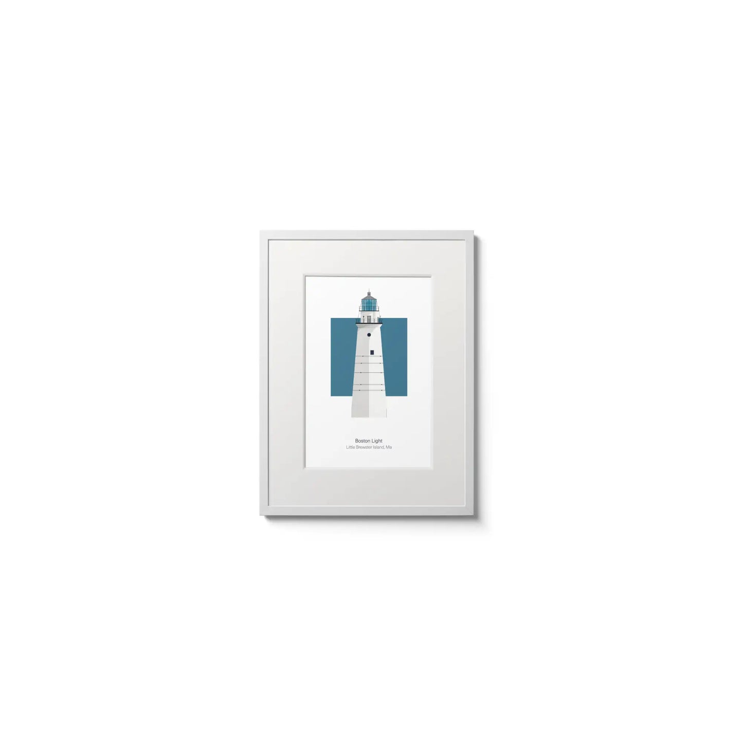 Illustration of the Boston Light, Massachusetts, USA. On a white background with aqua blue square as a backdrop, in a white frame and measuring 6"x8" (15x20cm).