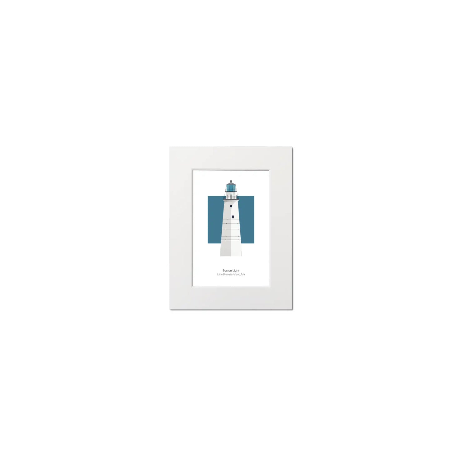 Illustration of the Boston Light, Massachusetts, USA. On a white background with aqua blue square as a backdrop, mounted and measuring 6"x8" (15x20cm).