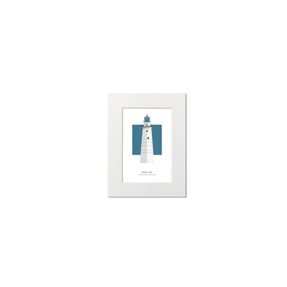 Illustration of the Boston Light, Massachusetts, USA. On a white background with aqua blue square as a backdrop, mounted and measuring 6"x8" (15x20cm).