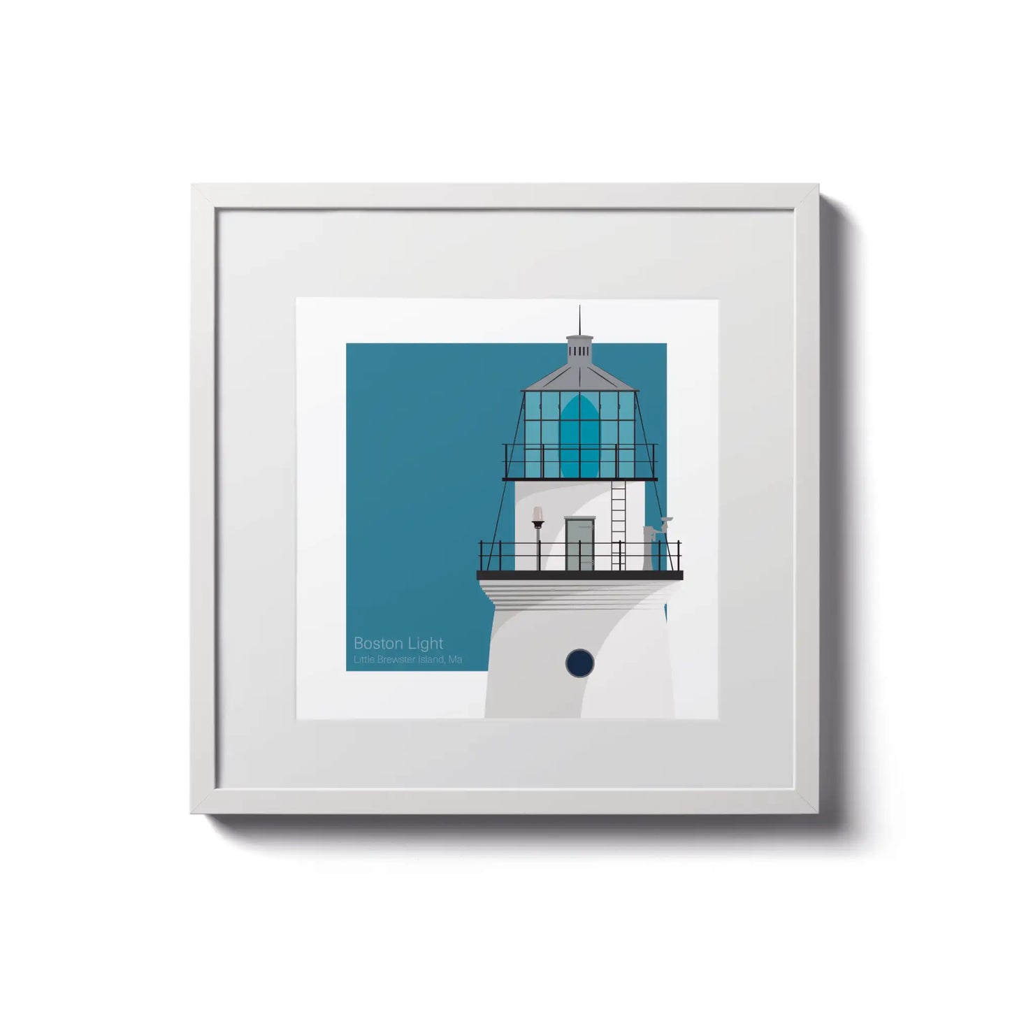 Framed print of Boston Light, MA, USA. A classic white tower in an 8"x8" (20x20cm) white frame, ideal for small spaces.