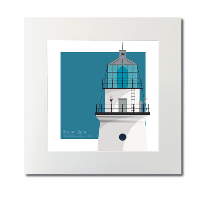 Large framed print of Boston Light, MA, USA. A 12"x12" (30x30cm) white-framed nautical artwork for coastal decor.