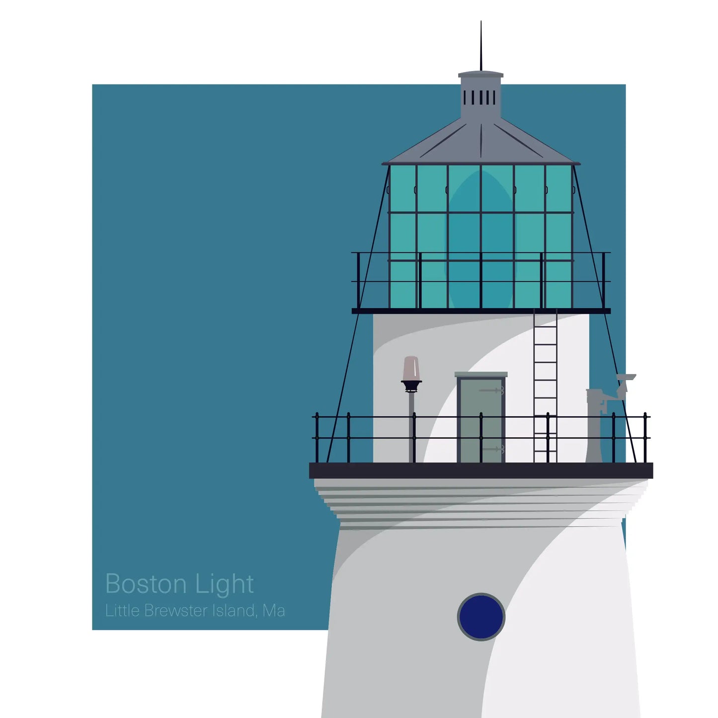 Illustration of Boston Light on Little Brewster Island, Massachusetts, USA. A white lighthouse with black lantern, set against an aqua blue square backdrop.