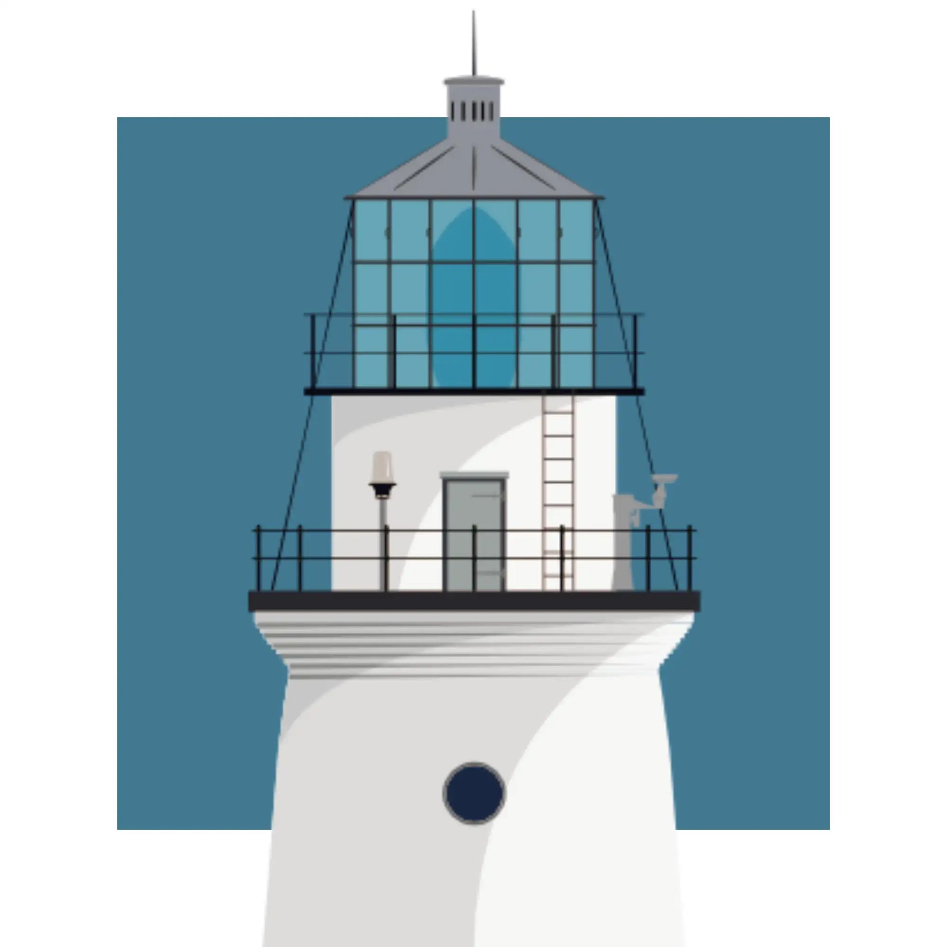 Close-up detail of the Boston Light lighthouse illustration, Massachusetts, USA, with aqua blue square backdrop.