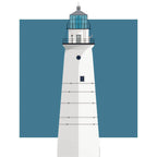 Illustration of the Boston Light, Massachusetts, USA. On a white background with aqua blue square as a backdrop.