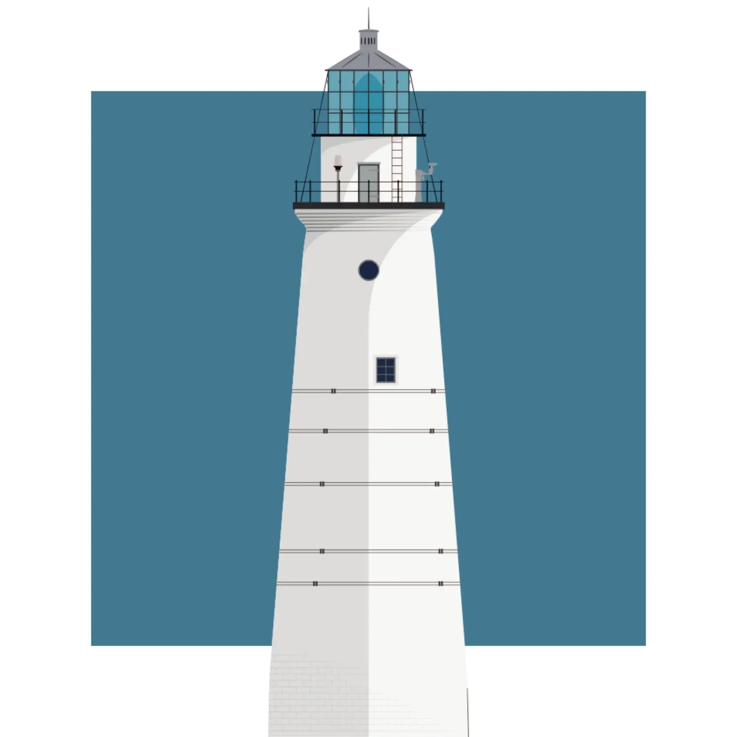 Illustration of the Boston Light, Massachusetts, USA. On a white background with aqua blue square as a backdrop.