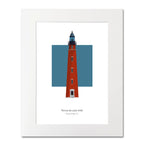 Illustration of the Ponce de Leon Inlet lighthouse, Florida, USA. On a white background with aqua blue square as a backdrop, mounted and measuring 16"x 20" (40x50cm).