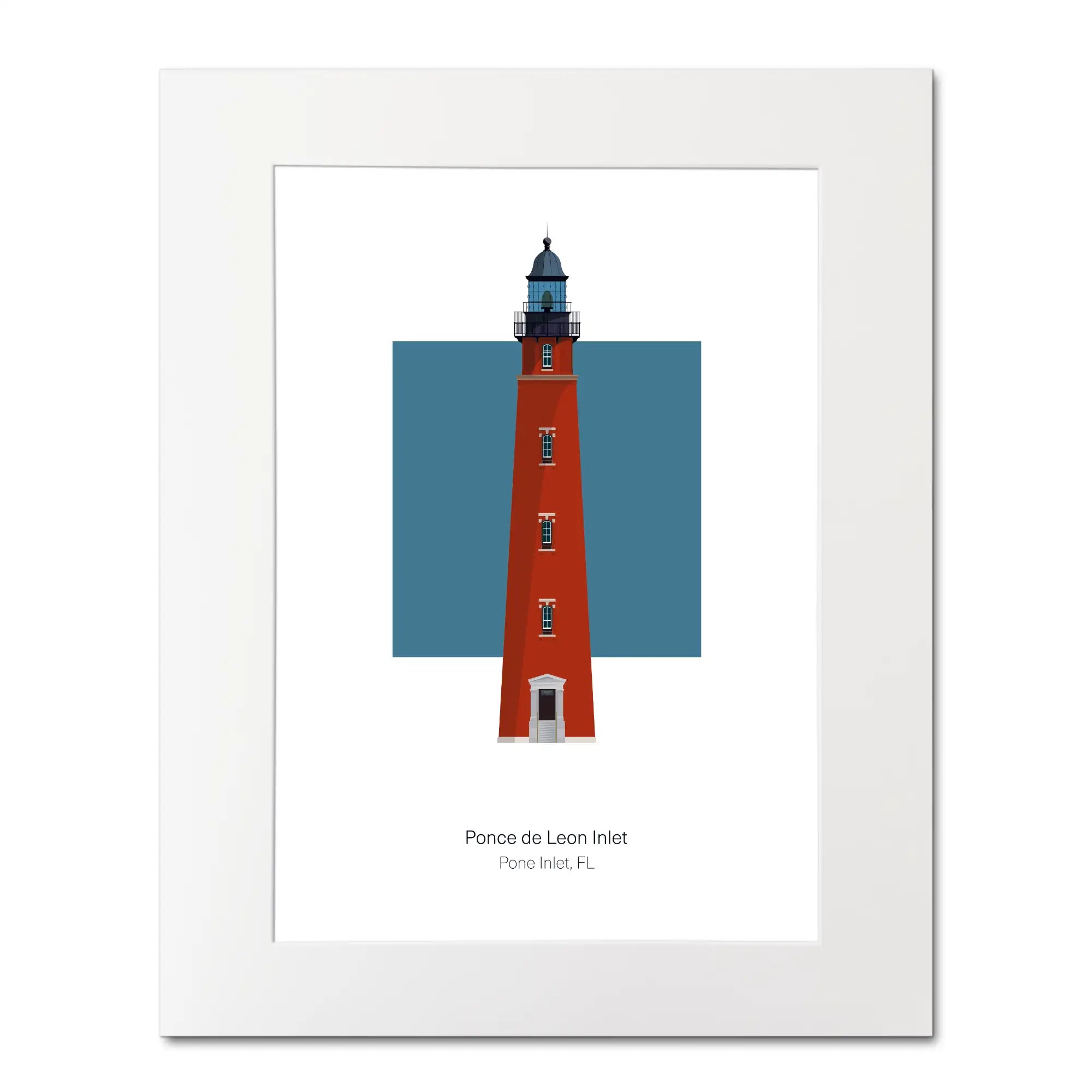 Illustration of the Ponce de Leon Inlet lighthouse, Florida, USA. On a white background with aqua blue square as a backdrop, mounted and measuring 16"x 20" (40x50cm).