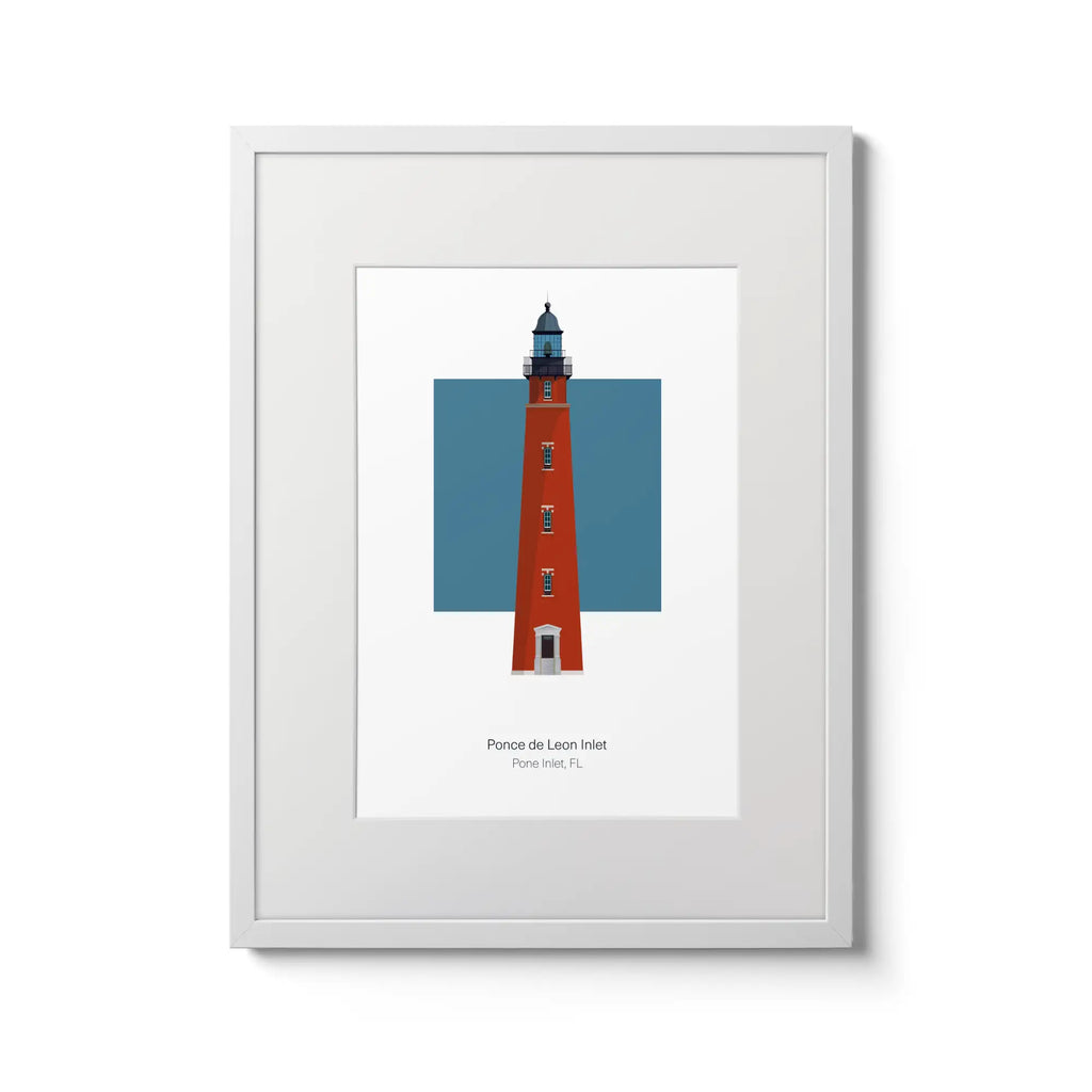 Illustration of the Ponce de Leon Inlet lighthouse, Florida, USA. On a white background with aqua blue square as a backdrop., in a white frame and measuring 12"x16" (30x40cm).