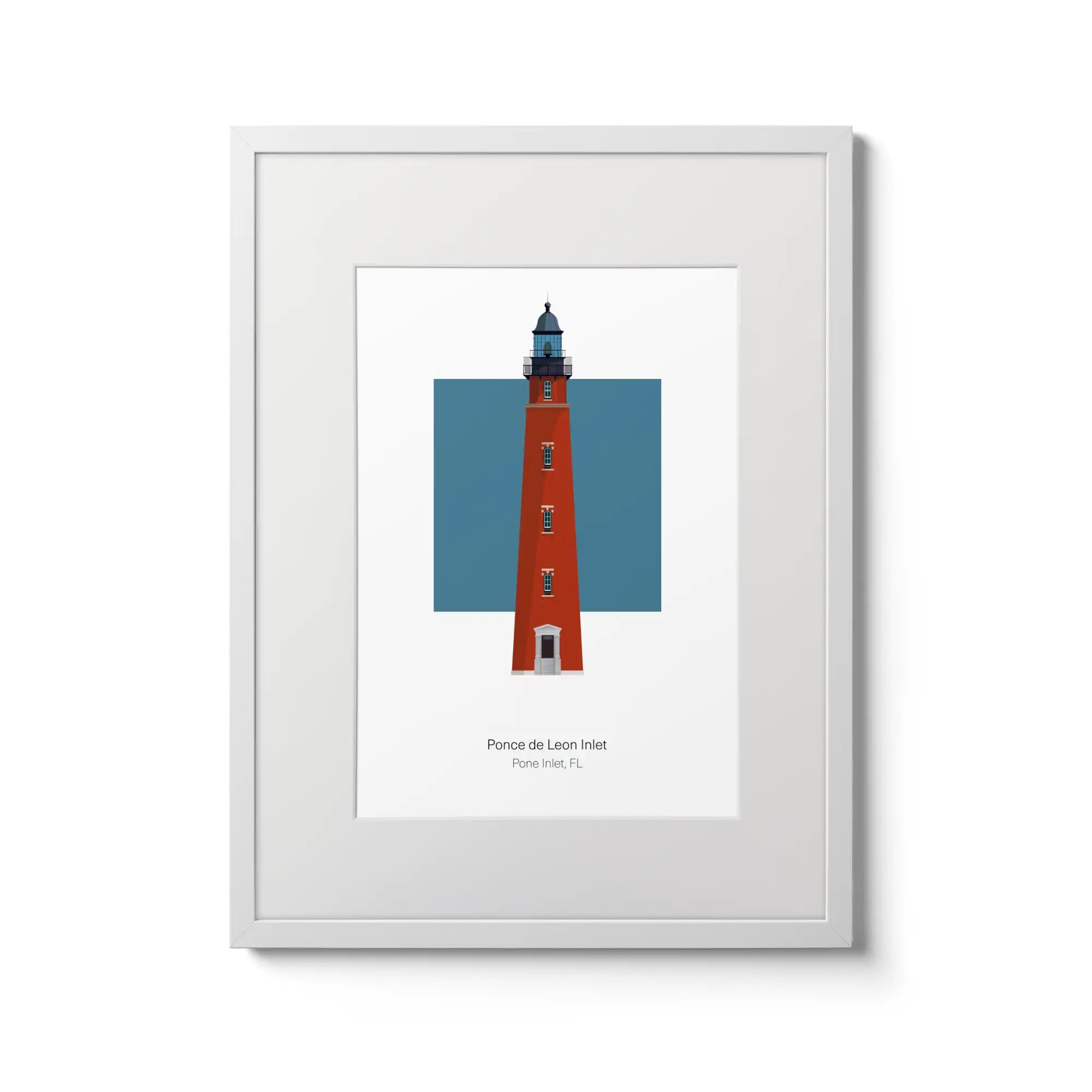 Illustration of the Ponce de Leon Inlet lighthouse, Florida, USA. On a white background with aqua blue square as a backdrop., in a white frame and measuring 12"x16" (30x40cm).